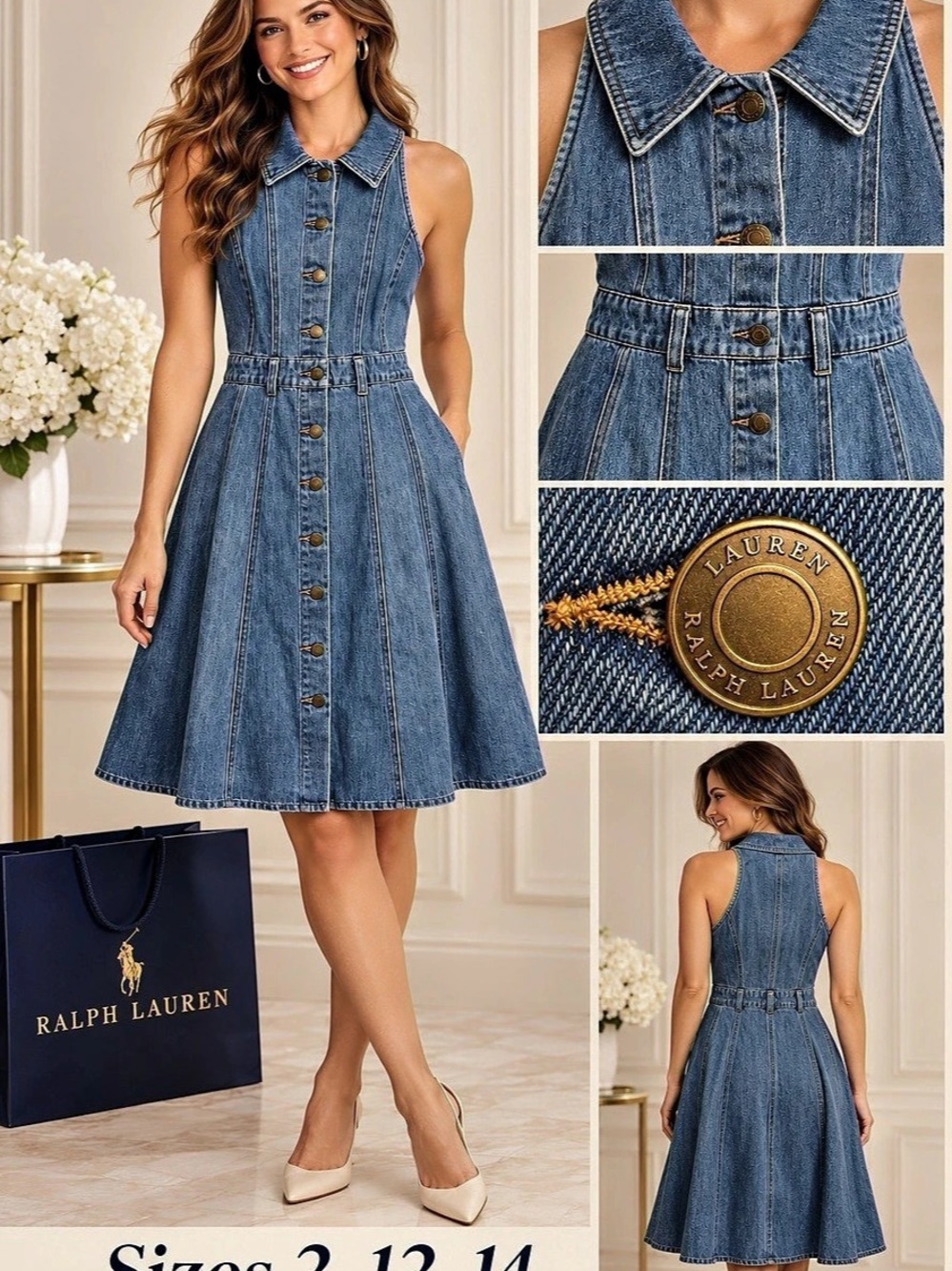 Ralph Lauren Denim Button-Front Mini Dress in Blue. New